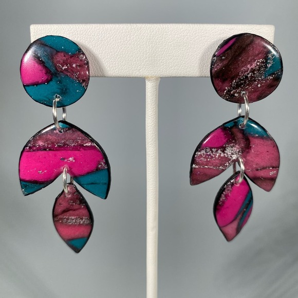 Handmade Polymer Clay Purple and Green Lightweight Dangle Post Earrings - Picture 6 of 6